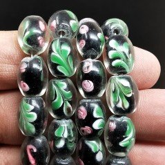 Perline in Vetro Stile Murano Fiori Disegno Forma Barilotto Liscio Foro Passante Nero 8X10mm