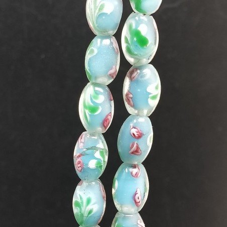 Perline in Vetro Stile Murano Fiori Disegno Forma Barilotto Liscio Foro Passante Azzurro 10X15mm