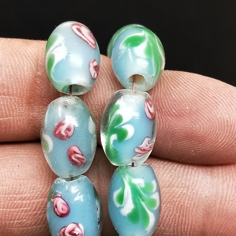 Perline in Vetro Stile Murano Fiori Disegno Forma Barilotto Liscio Foro Passante Azzurro 10X15mm