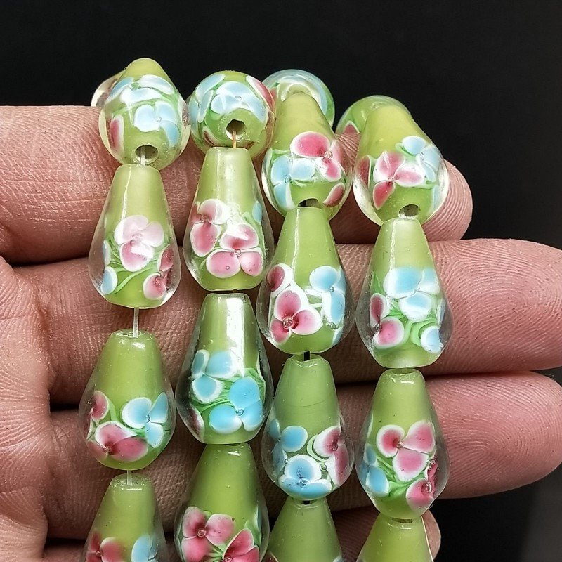Perline in Vetro Stile Murano Verde Forma Goccia Tondo Liscio Foro Passante 12X18mm