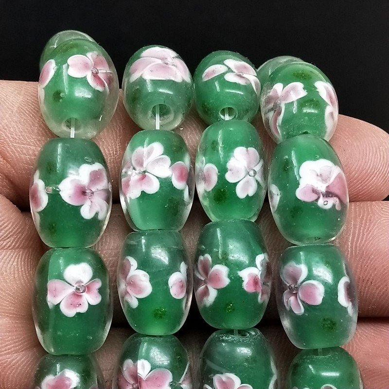 Perline in Vetro Stile Murano Fiori Disegno Forma Barilotto Liscio Foro Passante Verde 12X16mm
