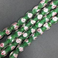 Perline in Vetro Stile Murano Fiori Disegno Forma Barilotto Liscio Foro Passante Verde 12X16mm