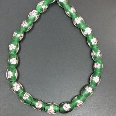 Perline in Vetro Stile Murano Fiori Disegno Forma Barilotto Liscio Foro Passante Verde 12X16mm