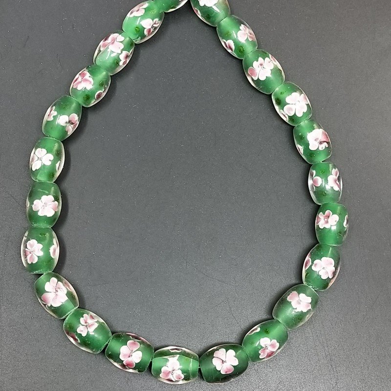 Perline in Vetro Stile Murano Fiori Disegno Forma Barilotto Liscio Foro Passante Verde 12X16mm