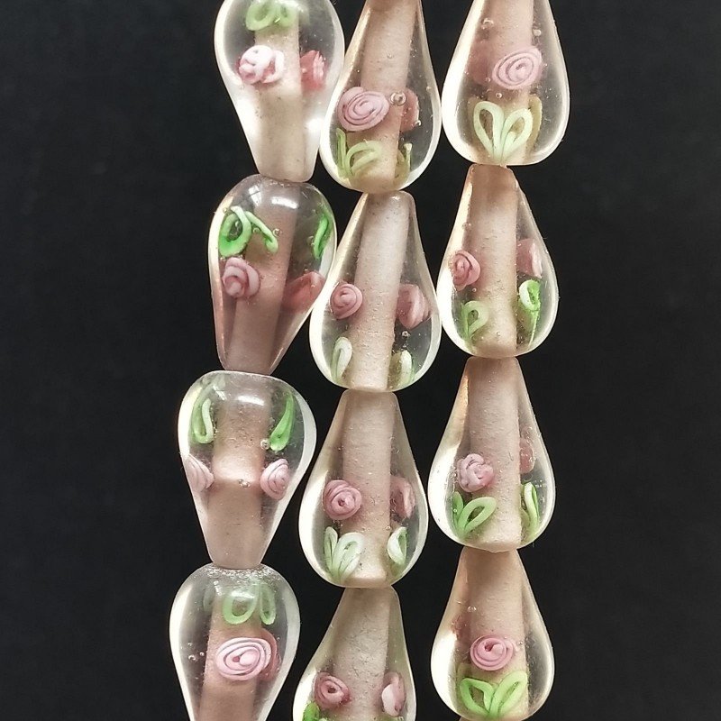 Perline in Vetro Stile Murano Rosa Forma Goccia Tondo Liscio Foro Passante 12X18mm