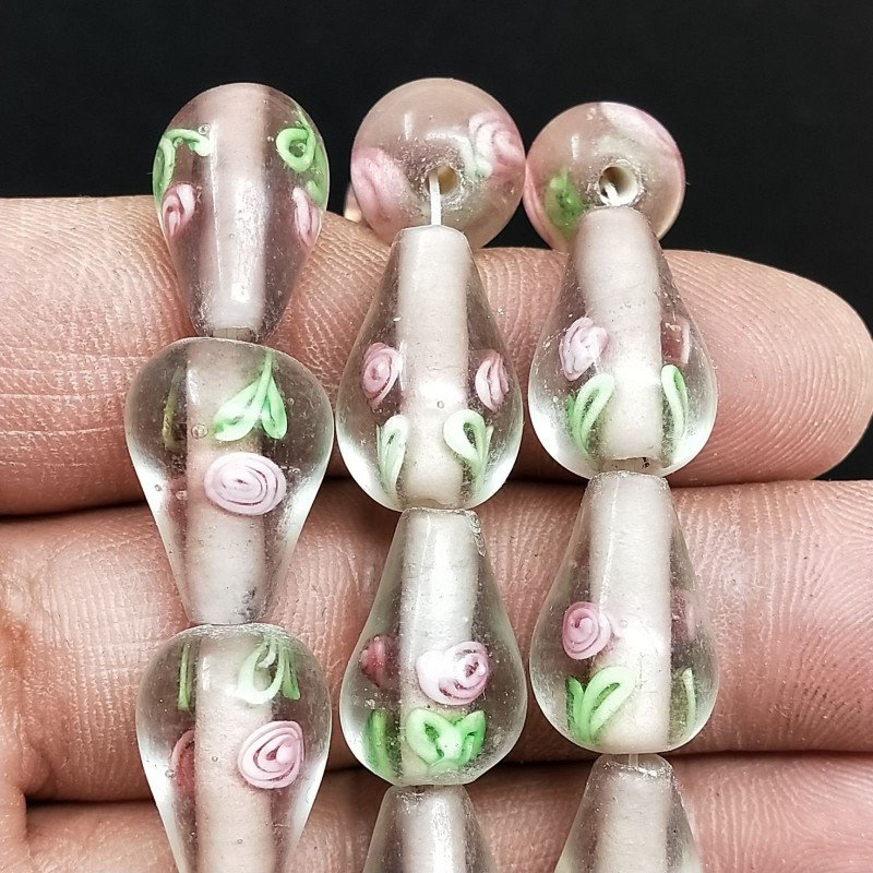 Perline in Vetro Stile Murano Rosa Forma Goccia Tondo Liscio Foro Passante 12X18mm