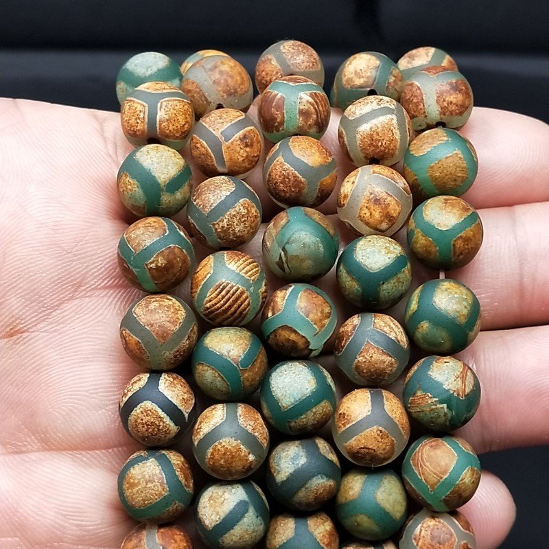 Agata Tibetana Verde-Marrone Perline Satinato-Matte Forma Tondo Liscio 10mm