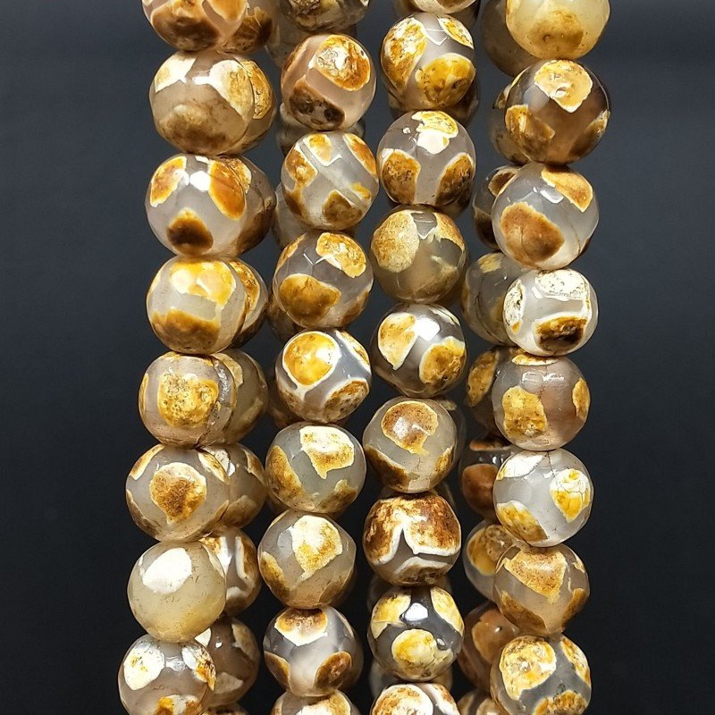 Agata Tibetana Beige-Marrone Perline Forma Tondo Sfaccettato 08mm