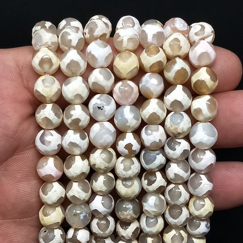 Agata Tibetana Crema-Beige Perline Forma Sfaccettato Liscio 08mm