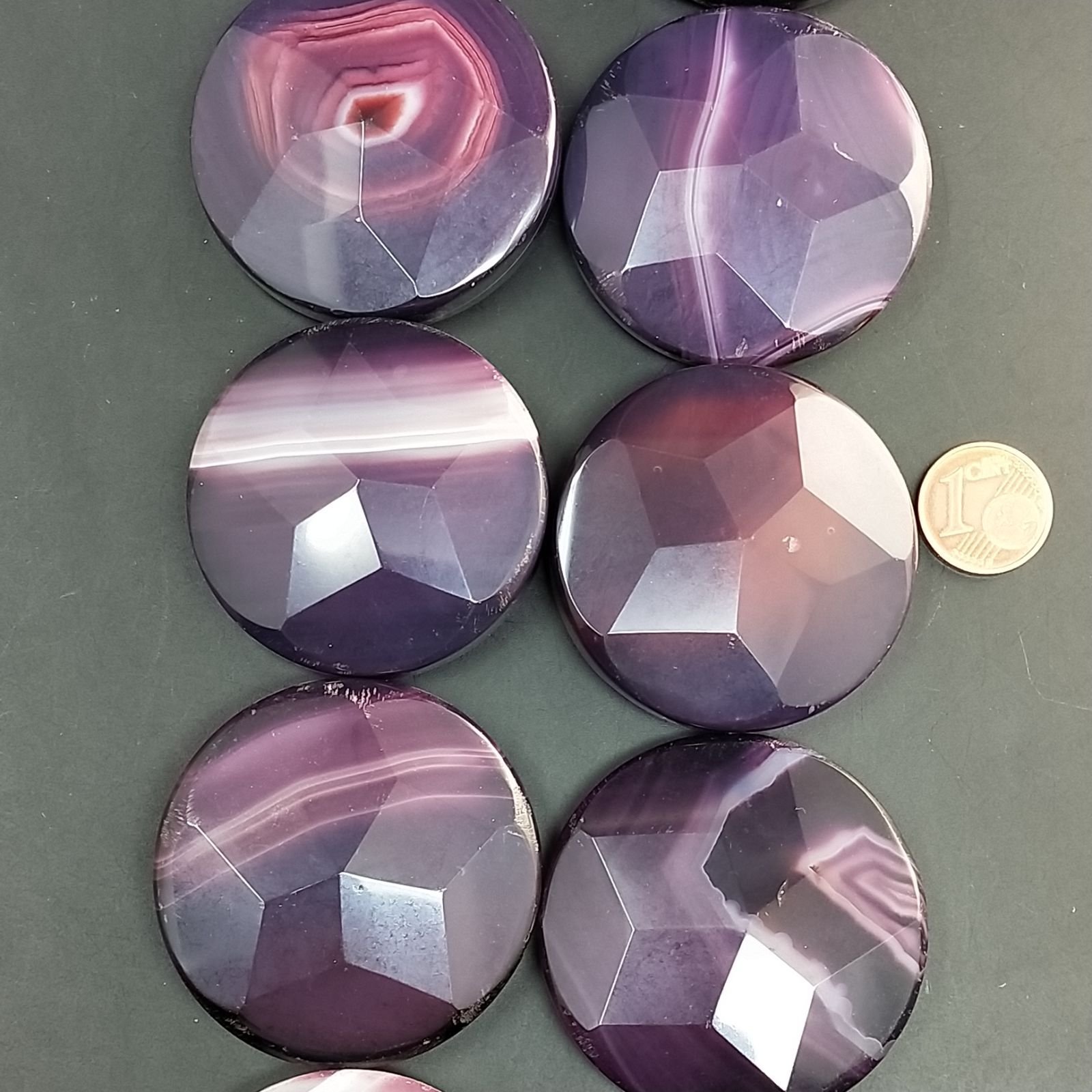 Agata Brasiliana Viola Sfumato Perline Forma Tondo Piatto Sfaccettato 45mm
