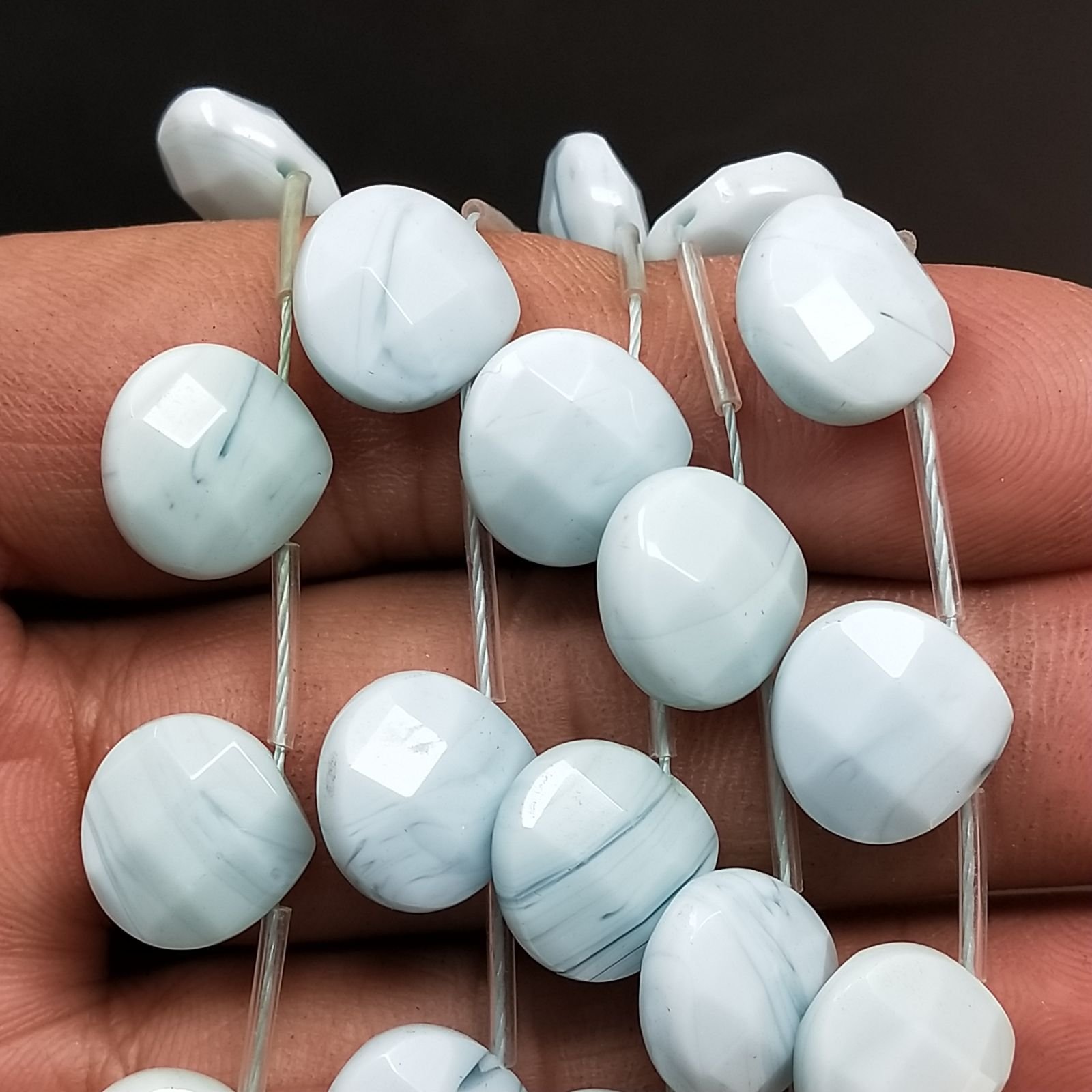 Agata Celeste Perline Forma Cuore Sfaccettato Foro Laterale 12mm