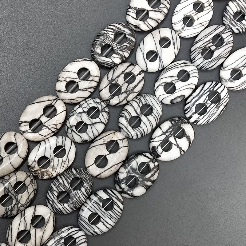 Diaspro Picasso Nero Perline Forma Cerchio Ovale Piatto Liscio Maglia 2 Fori 17X24mm