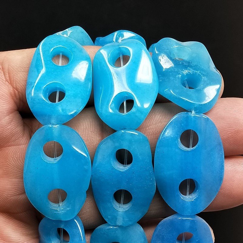 Giada Azzuro Perline Forma Cerchio Ovale Piatto Liscio Maglia 2 Fori 20X30mm
