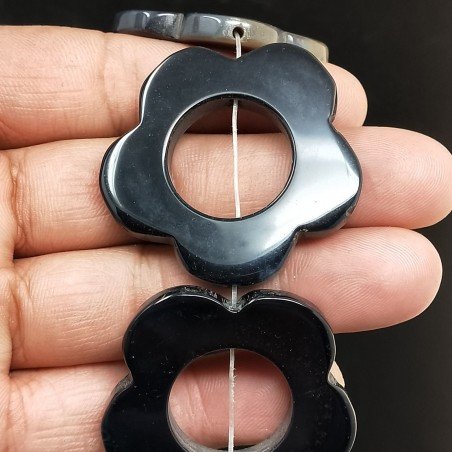 Agata Nera Perline Forma Cerchietto Liscio a Fiori 40X38mm