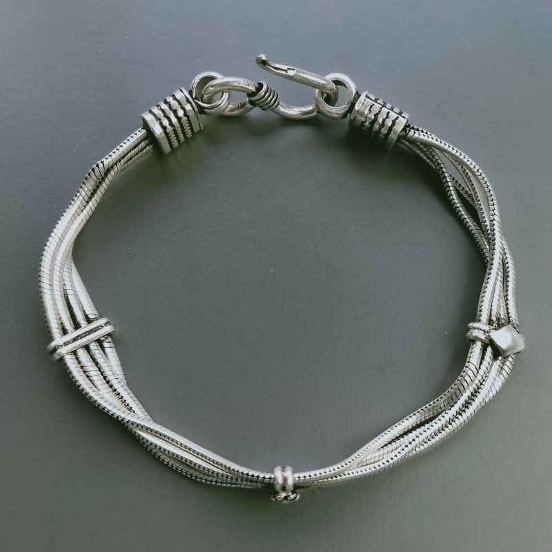 Bracciale Di Argento 925 4 Fili Piatto Ossidato Stile Ethnica Snake