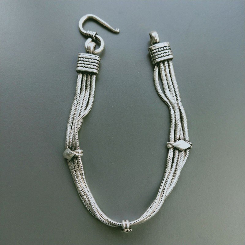 Bracciale Di Argento 925 4 Fili Piatto Ossidato Stile Ethnica Snake