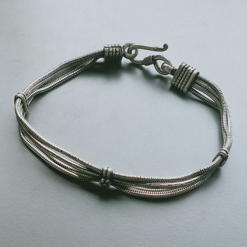 Bracciale Di Argento 925 4 Fili Piatto Ossidato Stile Ethnica Snake