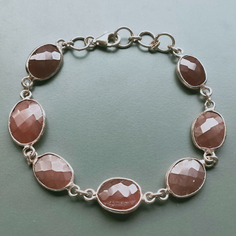 Bracciale Di Argento 925 con Corniola Rosa Briolette Ovale Sfaccettato Rosato