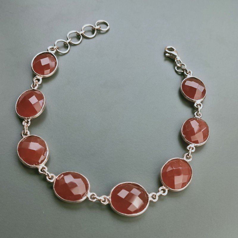 Bracciale Di Argento 925 con Corniola Rosa Briolette Ovale Sfaccettato Rosato