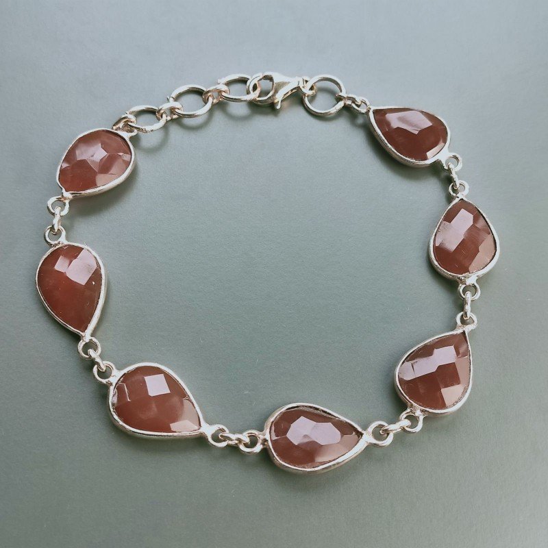 Bracciale Di Argento 925 con Corniola Rosa Briolette Goccia Sfaccettato Rosato