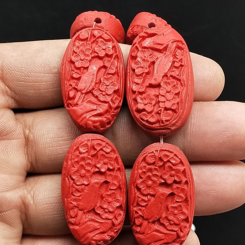 Resina rossa in Perline Forma Ovale Piatto Liscio Inciso Foro Passante 18X32mm