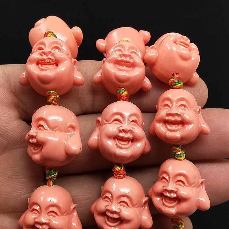 Resina Rosa Perline Forma Incisa Testa di Buddha Che Ride Liscio Foro Passante