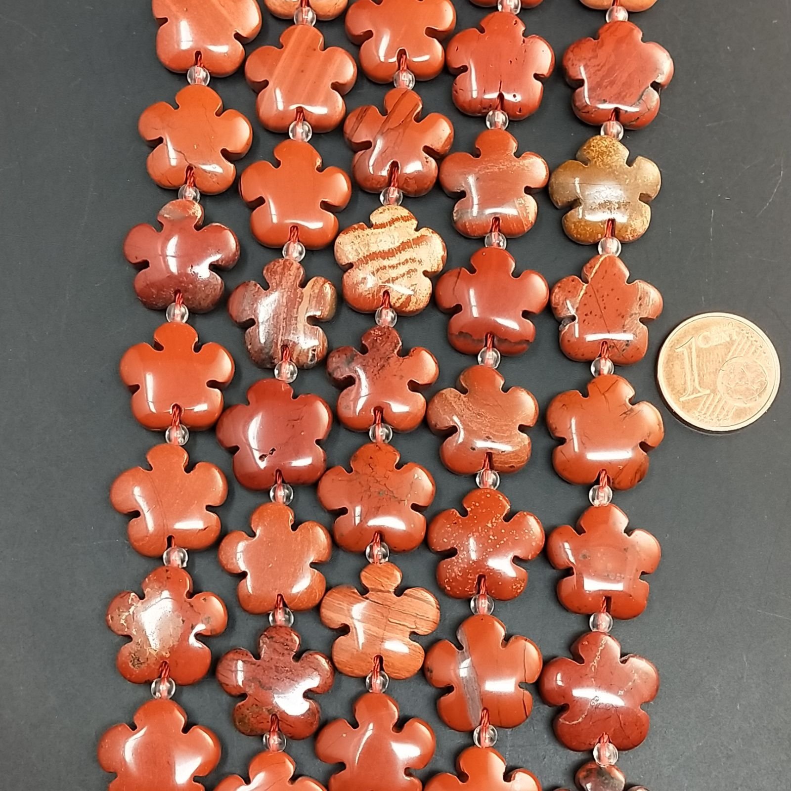 Diapro Rosso Naturale Perline Forma Fiore Inciso Liscio Piatto Foro Passante 15mm