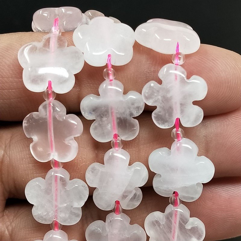 Quarzo Rosa Naturale Perline Forma Fiori Inciso Liscio Piatto Foro Passante 15mm