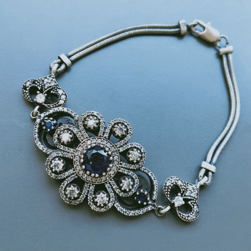 Bracciale Di Argento 925 con Radice di Rubino, Zircone Sfacettato Stile Etnico