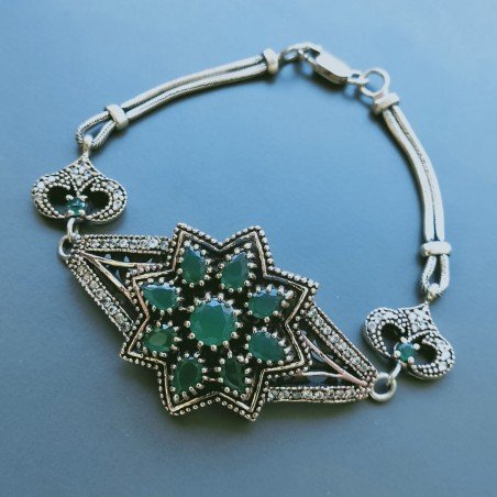 Bracciale Di Argento 925 con Radice di Smeraldo, Zircone Sfacettato Stile Etnico