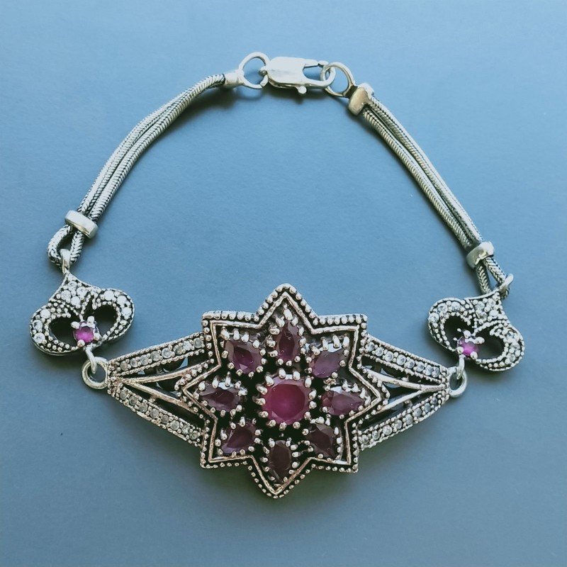 Bracciale Di Argento 925 con Radice di Rubino, Zircone Sfacettato Stile Etnico