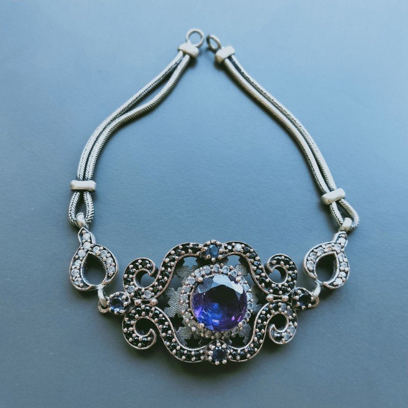 Bracciale Di Argento 925 con Ametista, Zircone Bianco e Nero Tondo Sfacettato Stile Etnico