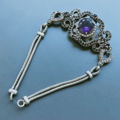 Bracciale Di Argento 925 con Ametista, Zircone Bianco e Nero Tondo Sfacettato Stile Etnico