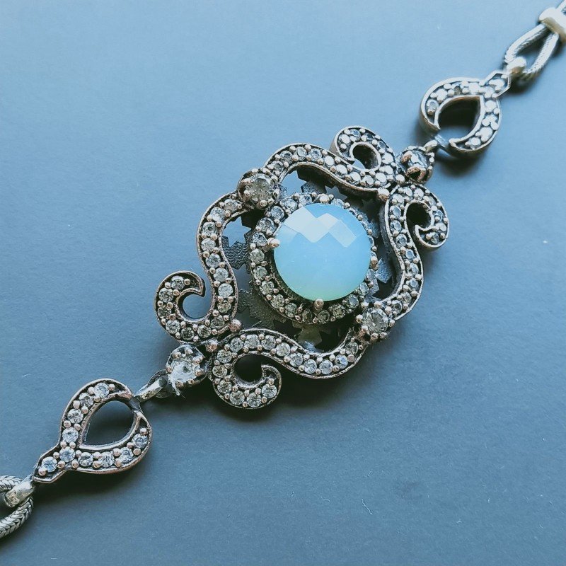 Bracciale Di Argento 925 con Calcedonia Verde, Zircone Sfacettato Stile Etnico