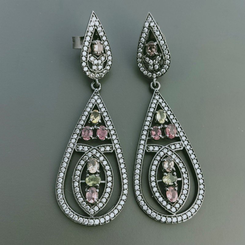 Orecchini Di Argento 925 con Tormalina Multicolore Sfaccettato con Zircone a Perno Brunito