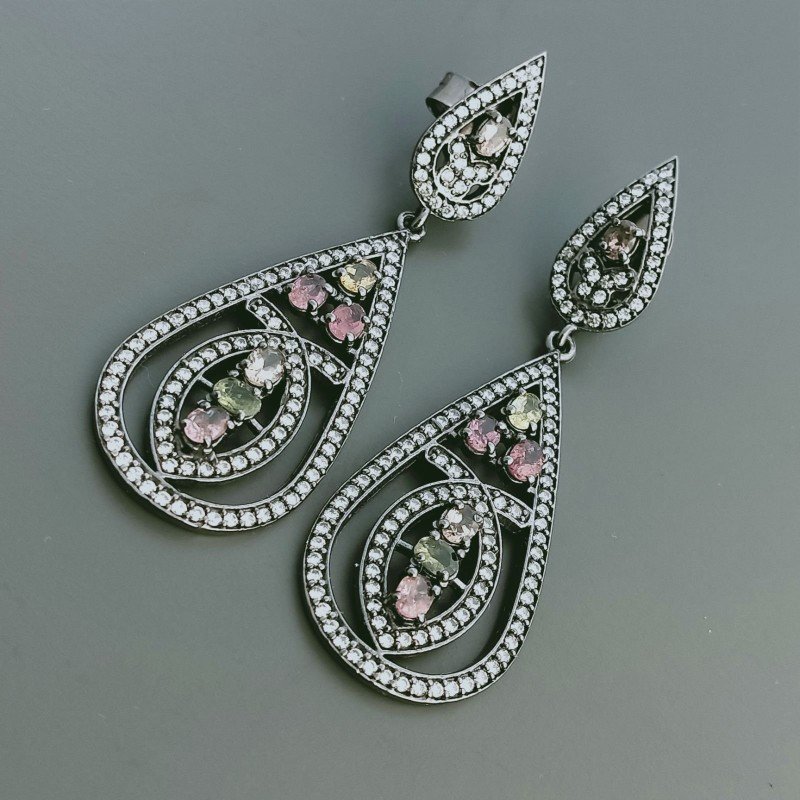 Orecchini Di Argento 925 con Tormalina Multicolore Sfaccettato con Zircone a Perno Brunito