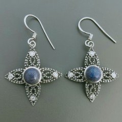 Orecchini Di Argento 925 con Lapis Lazuli Cabochon con Zircone Sfaccettato a Monachelle