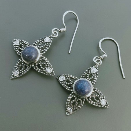 Orecchini Di Argento 925 con Lapis Lazuli Cabochon con Zircone Sfaccettato a Monachelle