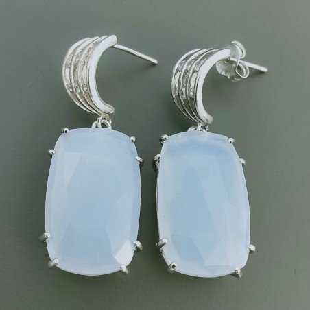 Orecchini Di Argento 925 con Calcedonia Briolette Taglio Cuscino, Zircone Sfaccettato a Perno