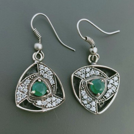 Orecchini Di Argento 925 con Radice di Smeraldo Sfaccettato con Zircone a Monachella Stile Etnico
