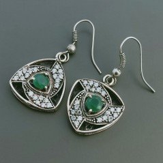 Orecchini Di Argento 925 con Radice di Smeraldo Sfaccettato con Zircone a Monachella Stile Etnico