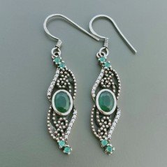 Orecchini Di Argento 925 con Radice di Smeraldo Sfaccettato con Zircone a Monachella Stile Etnico