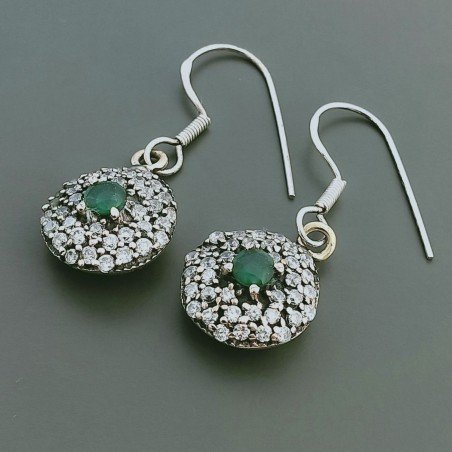 Orecchini Di Argento 925 con Radice di Smeraldo Sfaccettato con Zircone a Monachella Stile Etnico