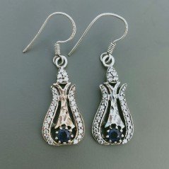 Orecchini Di Argento 925 con Radice di Zaffiro Sfaccettato con Zircone a Monachelle Stile Etnico