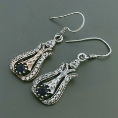 Orecchini Di Argento 925 con Radice di Zaffiro Sfaccettato con Zircone a Monachelle Stile Etnico
