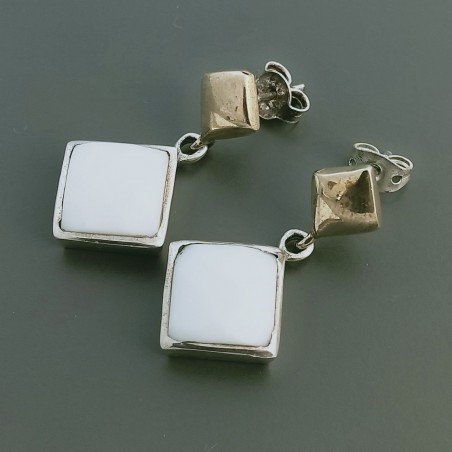 Orecchini Di Argento 925 con Agata Bianca Quadrata Sfaccettato e Perno a Farfalla