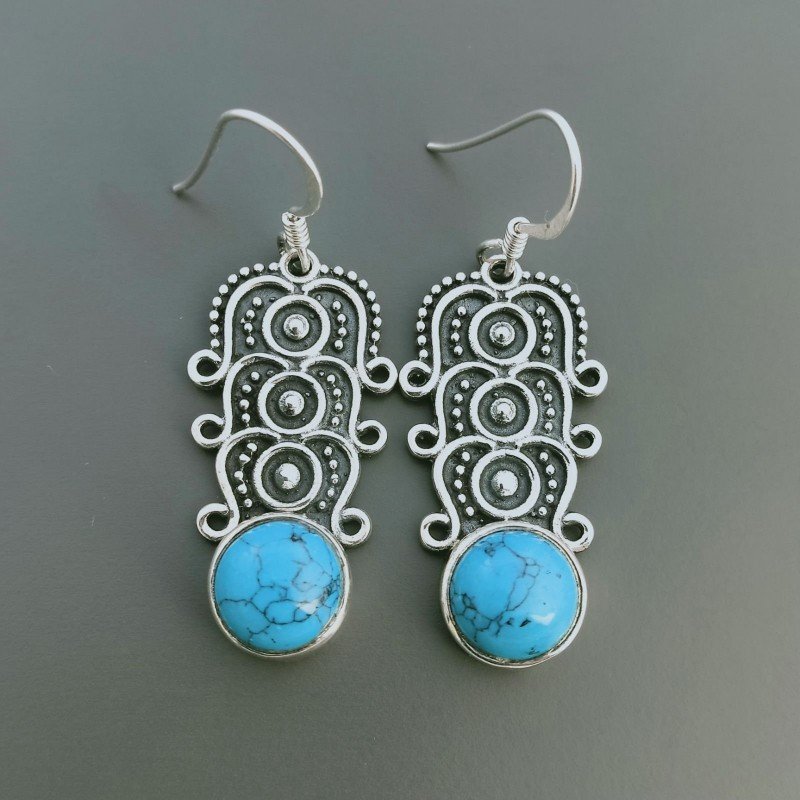 Orecchini Di Argento 925 con Pasta di Turchese Cabochon Forma Tondo a Monachelle Stile Etnico