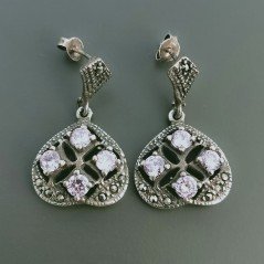 Orecchini Di Argento 925 con Zircone Rosa e Marcasita Sfaccettato a Perno Stile Etnico