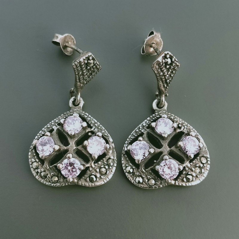 Orecchini Di Argento 925 con Zircone Rosa e Marcasita Sfaccettato a Perno Stile Etnico