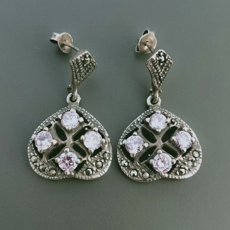 Orecchini Di Argento 925 con Zircone Rosa e Marcasita Sfaccettato a Perno Stile Etnico